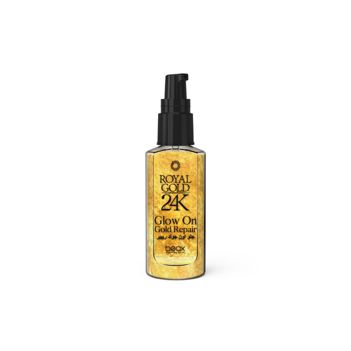 A bottle of Beox 24K Glow on Oil with a black pump, labeled with gold accents.