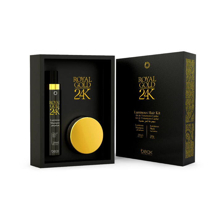 A Beox 24K Luminous Home Care Set in packaging, displaying a shampoo bottle and a gold-colored circular object, likely a hair mask, against a black background.