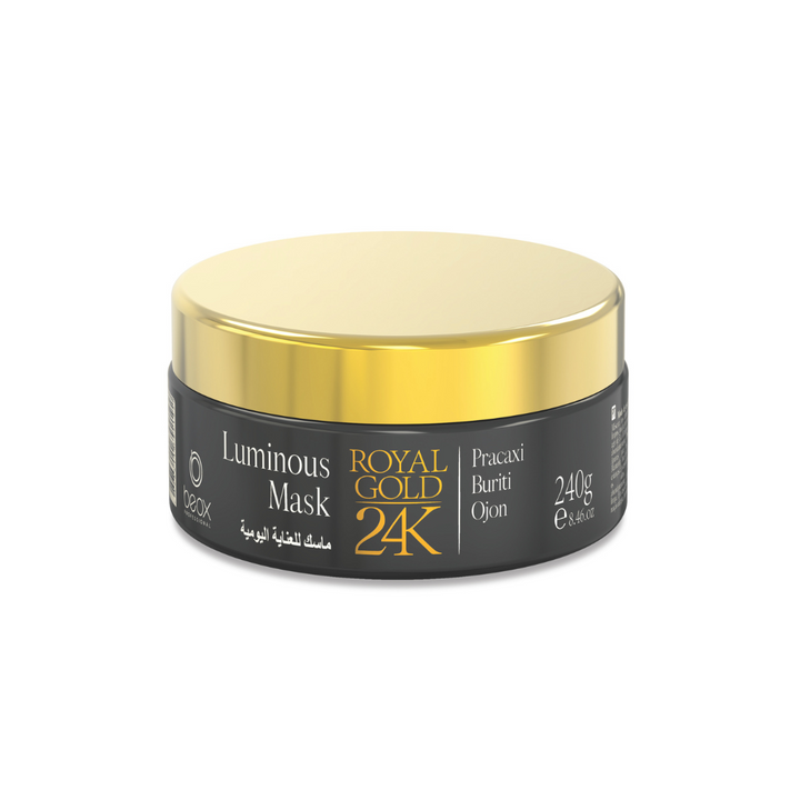 A jar of Beox 24K Luminous Mask hair color product with a black body and gold-colored lid.
